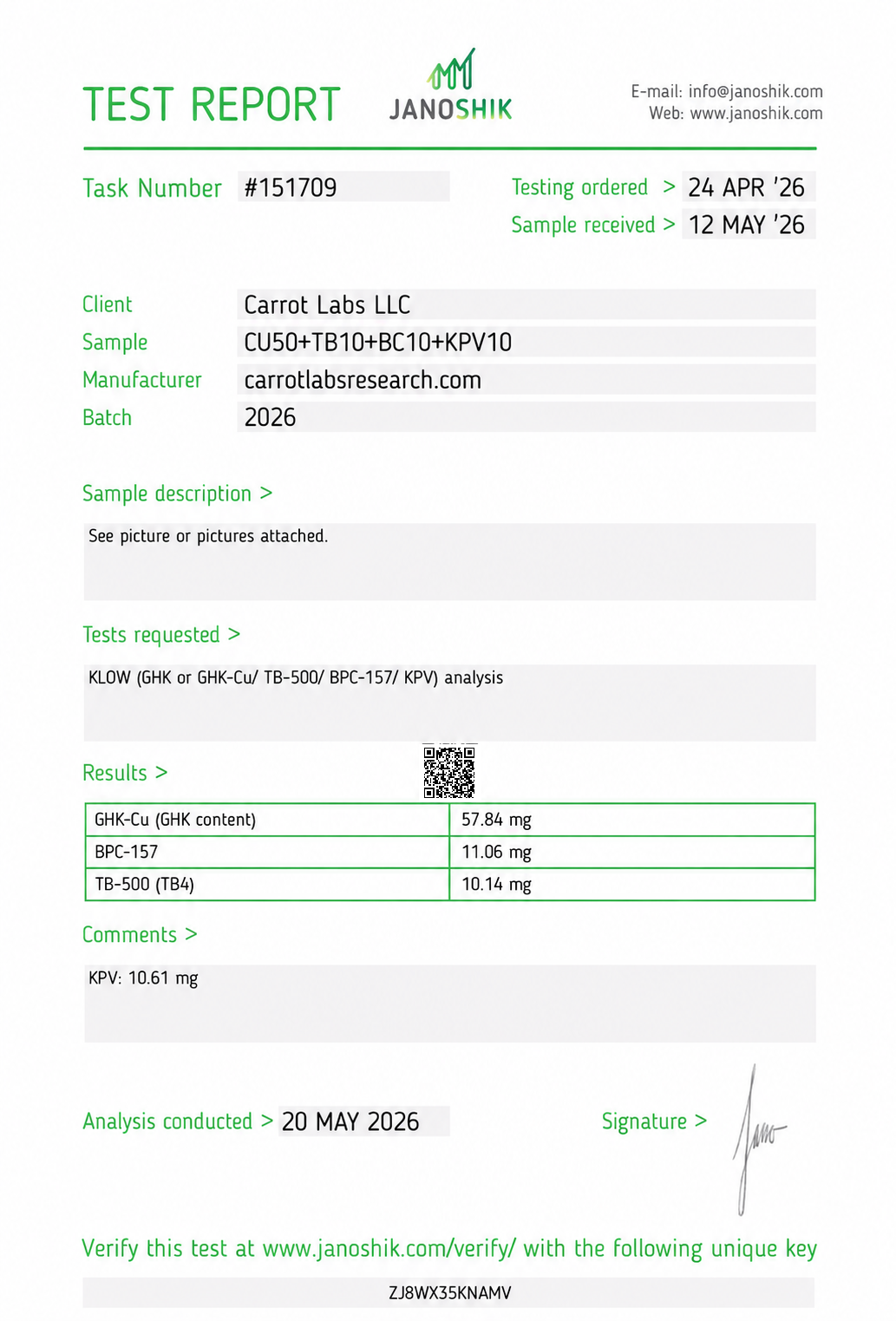 BPC-157 + TB-500 + GHK-Cu + KPV component assay Certificate of Analysis